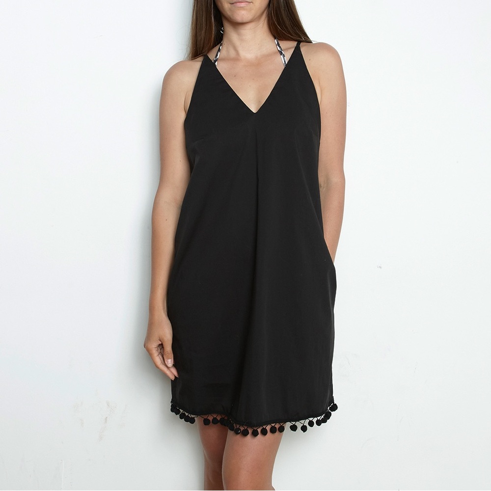 Spaghetti straps little black  dress pompom hem, 2 side pockets Size S(4-6)